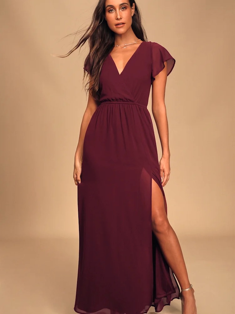 Lulu’s Elegant V-Neck Burgundy Maxi Dress with Side Slit Formal Wedding 2XL NWT